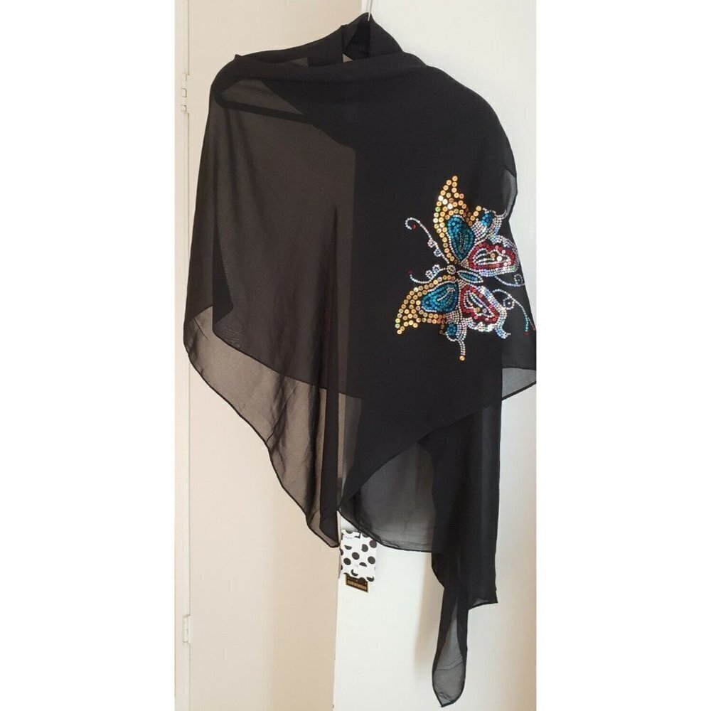 NWT LIKE DREAMS BLACK WEGHTLESS SCARF WRAP BUTTERFLY METALLIC ORNAMENT 28"×68"